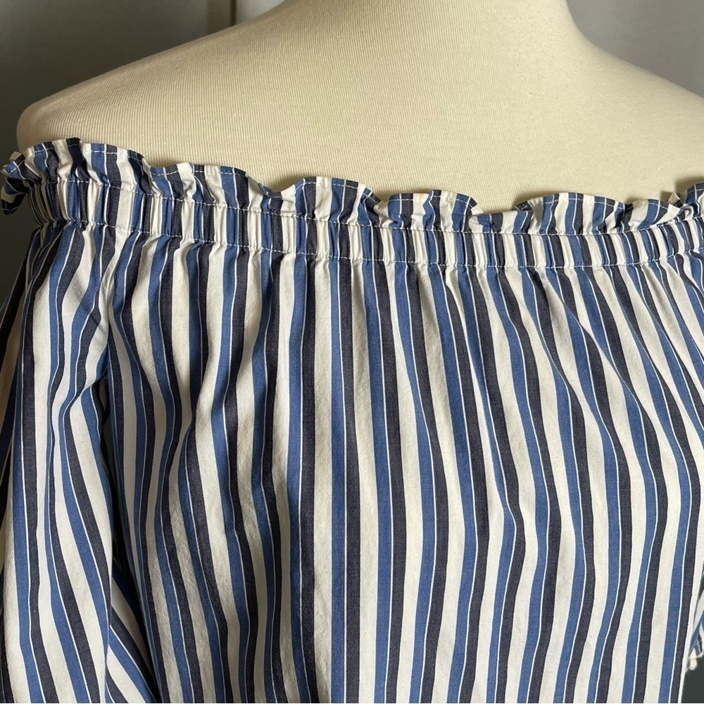 Trina Turk Off Shoulder Blue White Striped Pom Pom Blouse Top Size Small - Picture 5 of 13